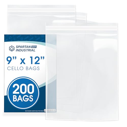 9 X 12 Self-Sealing Cellophane Bags (200 Count) Clear Poly Packaging for Shirts Clothing Apparel - Reinforced Resealable Cello Bags for Small Business Shipping - Spartan Industrial