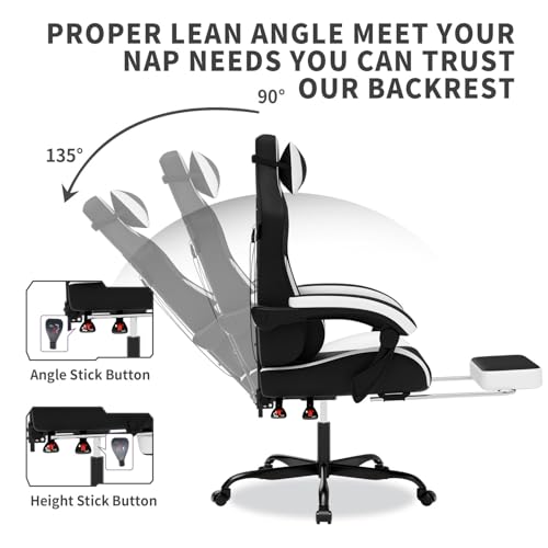 Image of Gaming Chair with Massage,Ergonomic PC Gaming Chair with Footrest Comfortable Headrest and Lumbar Support,High Back PVC Leather,300LBS (Black White)