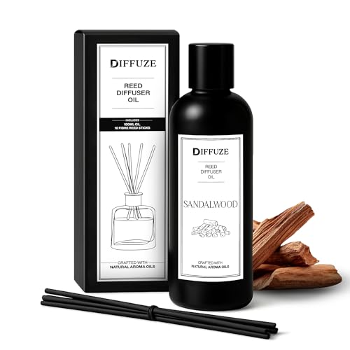 Image of DIFFUZE Sandalwood Essential Oil Reed Diffuser Refill with 10 Fibre Reed Sticks | Warm Woody Aroma Oil | Diffuser Oil for Home Fragrance | Fragrance Oil for Home