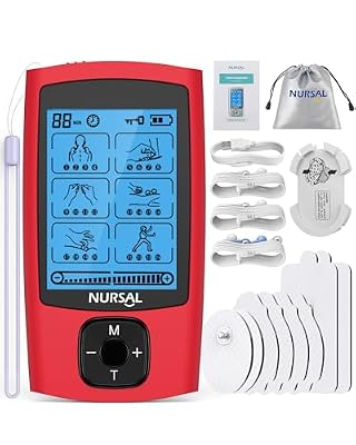 NURSAL 24 Modes TENS Unit Muscle Stimulator, Rechargeable Electronic Pulse Massager with 8 Pads for Back and Shoulder Pain Relief and Muscle Strength (Red)