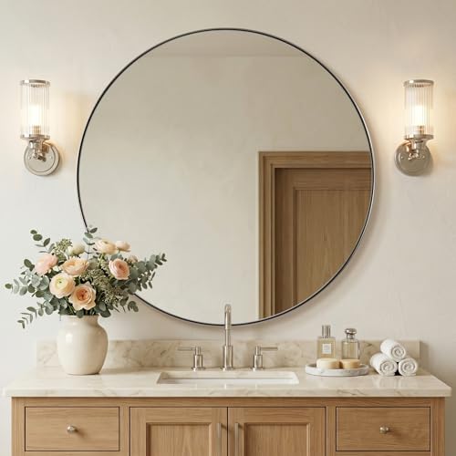 Image of ANDY STAR Round Vanity Mirror 40 Inch, Round Chrome Mirror, Large Circle Mirror, Metal Framed Vanity Mirror for Wall, Modern Clean Design with Superior Stainless Steel Frame