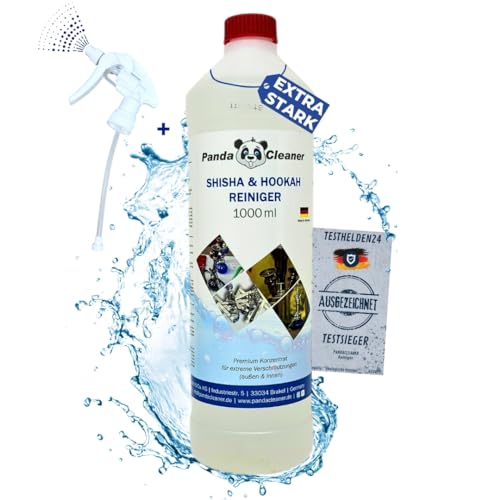 PandaCleaner Shisha Reiniger - 1L Wasserpfeifen Reinigungsmittel - Profi Spray zur Shisha-Reinigung - Bio Hookah Bowl Reiniger - Entfernt Ablagerungen & Verkrustungen (1000ml + Sprühkopf)