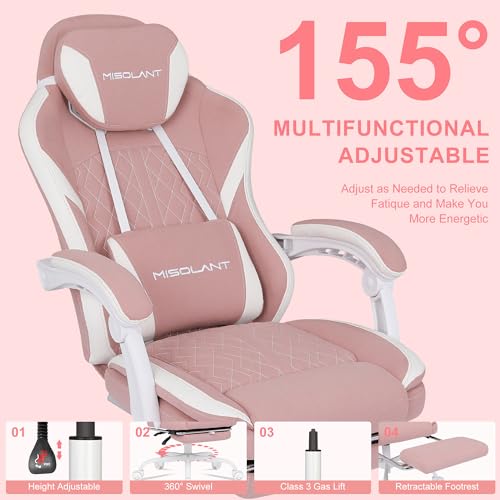 Image of Misolant Gaming Chair, Fabric Gamer Chair with footrest for Adults, High Back Ergonomic Computer Game Chair with Adjustable Headrest and Massage Lumbar Support, 90-155 Recline Free, Pink