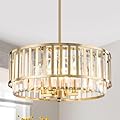 MWZ Gold Drum Crystal Chandeliers for Dining Room, 4-Light 16.5'' Modern Kitchen Island Pendant Light Fixture Over Table, Round Adjustable Hanging Ceiling Lamp with 2-Tiers Shade for Foyer
