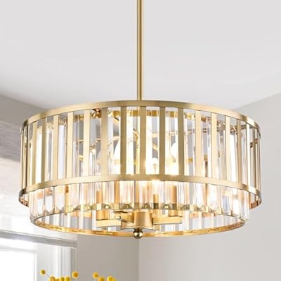 MWZ Gold Drum Crystal Chandeliers for Dining Room, 4-Light 16.5'' Modern Kitchen Island Pendant Light Fixture Over Table, Round Adjustable Hanging Ceiling Lamp with 2-Tiers Shade for Foyer