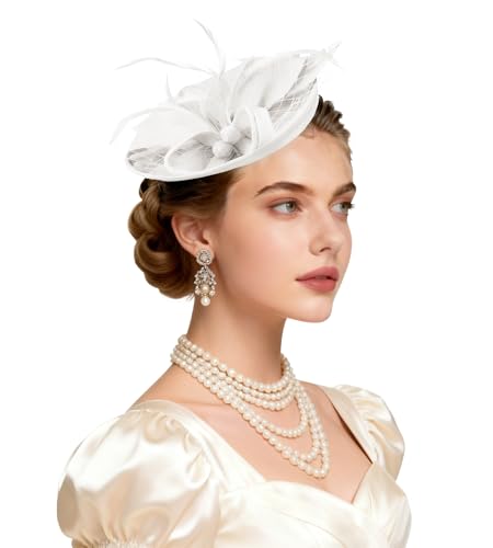 Ammiko Fascinators Hats for Women Tea Party Hat Feather Pillbox Derby Hats with Headband 2026 Vintage Headwear Church White One Size
