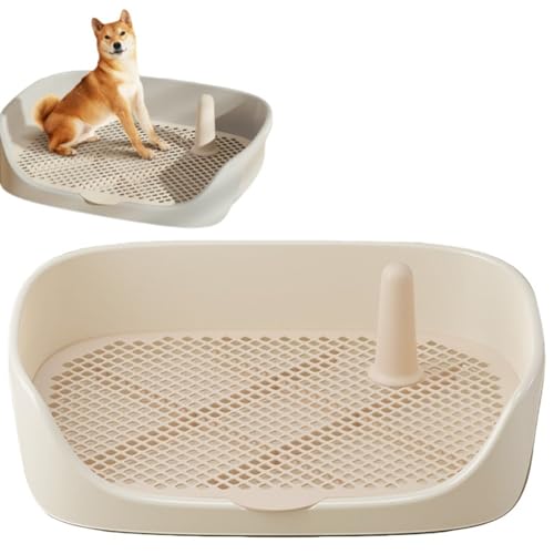 Qinaaiu 犬 トイレトレー ワイド はみ出し防止 大型犬対応 お手入れ便利 犬用小便器 中型犬 排泄 壁コラム付きペットトレーニング 携帯用子犬トイレパッドホルダー 取り外し可能なメッシュ (オフホワイト,40*30*11)