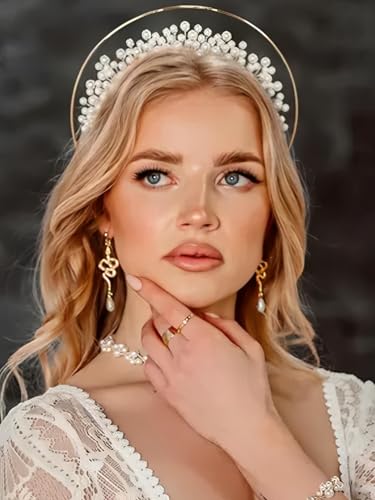 SAWINDA Wedding Pearl Gold Headband Goddess Headpiece Glitter Pearl Bride Headband Bridal Hair Accessories for Women
