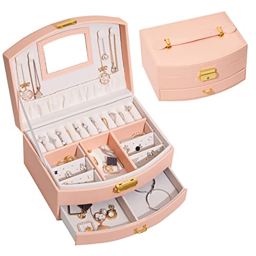 Douzi Schmuckkästchen Organizer für Halsketten, Ohrringe, Armbänder, Ringe, 2 Schichten, große Schmuckaufbewahrung, wasserdichte PU-Leder-Schmuckschatulle, Halter für Frauen und Mädchen, Rosa Cover