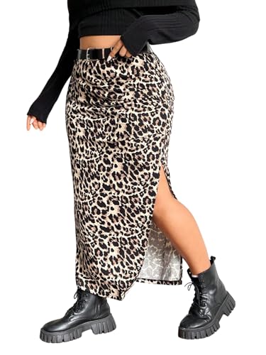 WDIRARA Women's Plus Size Checkered Ruched Midi Skirt High Waist Split Thigh Pencil Skirts