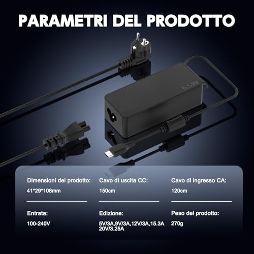 Alimentatore USB C 65W Caricatore per ThinkPad X1 Carbon T14 T15 T480 T490 T590 T580 E480 E490 E580 E590 E595 Yoga C740 720 730 720-13ikb 730-13ikb 910 Tipo C Caricabatterie Adattatore