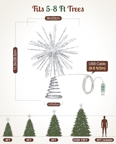 Luxspire Weihnachtsbaumspitze, beleuchteter Stern mit USB Fernbedienung, 10" klare Metall Dekoleuchte… – Ansicht 6