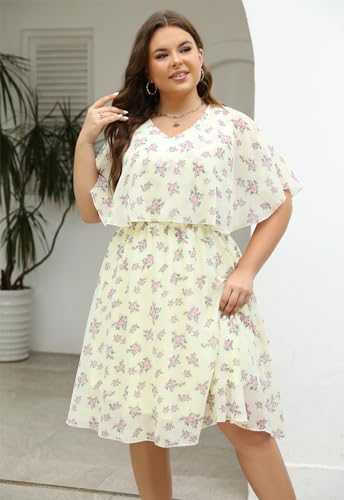 Image of Keluummi Plus Size Wedding Guest Dress for Curvy Women, Boho Floral Empire Waist Midi with Sleeve