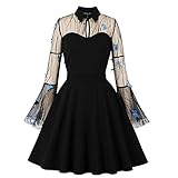 Women Keyhole Front Mesh Bell Sleeve Vintage 1950s Cocktail Swing Dress Embroidered Floral Peter Pan Collar 50s 60s Rockabilly Prom Dress A-line Wedding Evening Party Casual Skater Dress Butterfly L