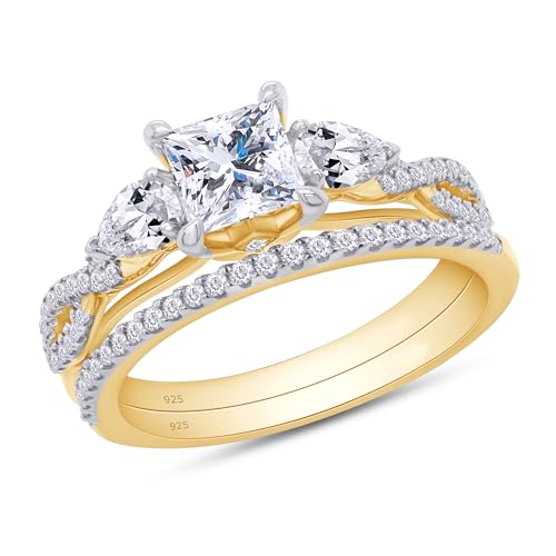 Infinity Shank 3-Stone Bridal Set Engagement Wedding Bands Ring 5MM Princess & Pear Cut Lab Created Moissanite In 925 Sterling Silver 10K & 14K Solid Gold Jewlery (1.40 Cttw,VVS1 Clarity)