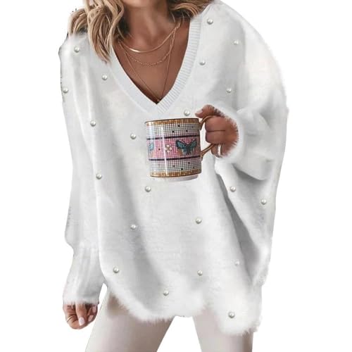 Chvity Women’s Pearl-Embellished V-Neck Sweater, Oversized Long Sleeve Knit Pullover