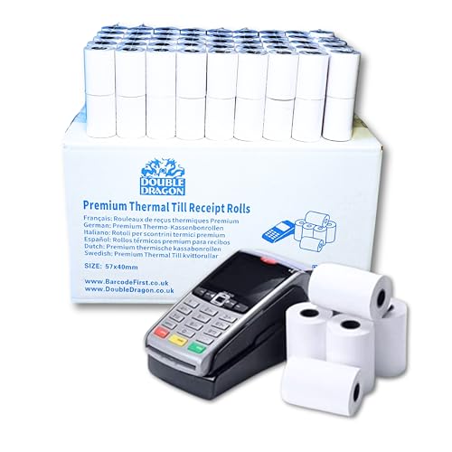 Double Dragon 57x40mm Premium Thermal Paper Rolls Compatible with Barclays Ingenico Pax Verifone Worldpay Spire POS EPOS PDQ Terminals Pack of 100