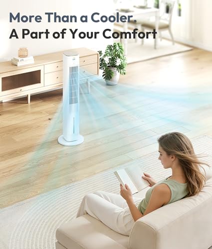 Exnos Portable Evaporative Air Cooler, 3-in-1 Cooling Fans that Blow Cold Air With 3L Water Tank, 38'' Tower Fan for Bedroom, Office with 3 Speeds, 12H Timer, Oscillation, 2 Ice Packs