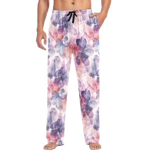 visesunny Mens Cotton Pajama Pants PJ Bottoms Purple Watercolor Flower Lightweight Soft Lounge Sleepwear with Pockets