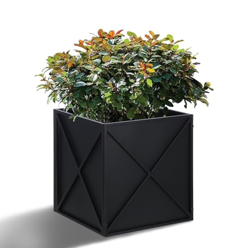 Metal Square Planter Box Tall Planters for Outdoor Plants Modern Heavy Duty with Drainage Holes for Outside Indoor Patio Deck - Black, 17”x 17”x 18”