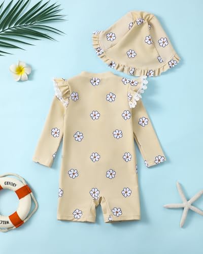 Image of Toddler Girl Swimsuit Baby Girl Bathing Suit Long Sleeve Floral Zipper One-Piece Rash Guard Swimsuit with Hat