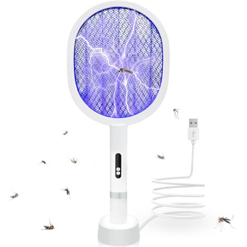 Snarflun Raqueta Mosquitos Electrica 2 en 1 Matamoscas Electrica,Base de Carga USB y Lámpara Atrapa Mosquitos,Raqueta Mosquitos Electrico Extraíble Protección de Malla 3 Capas para Interior y Exterior