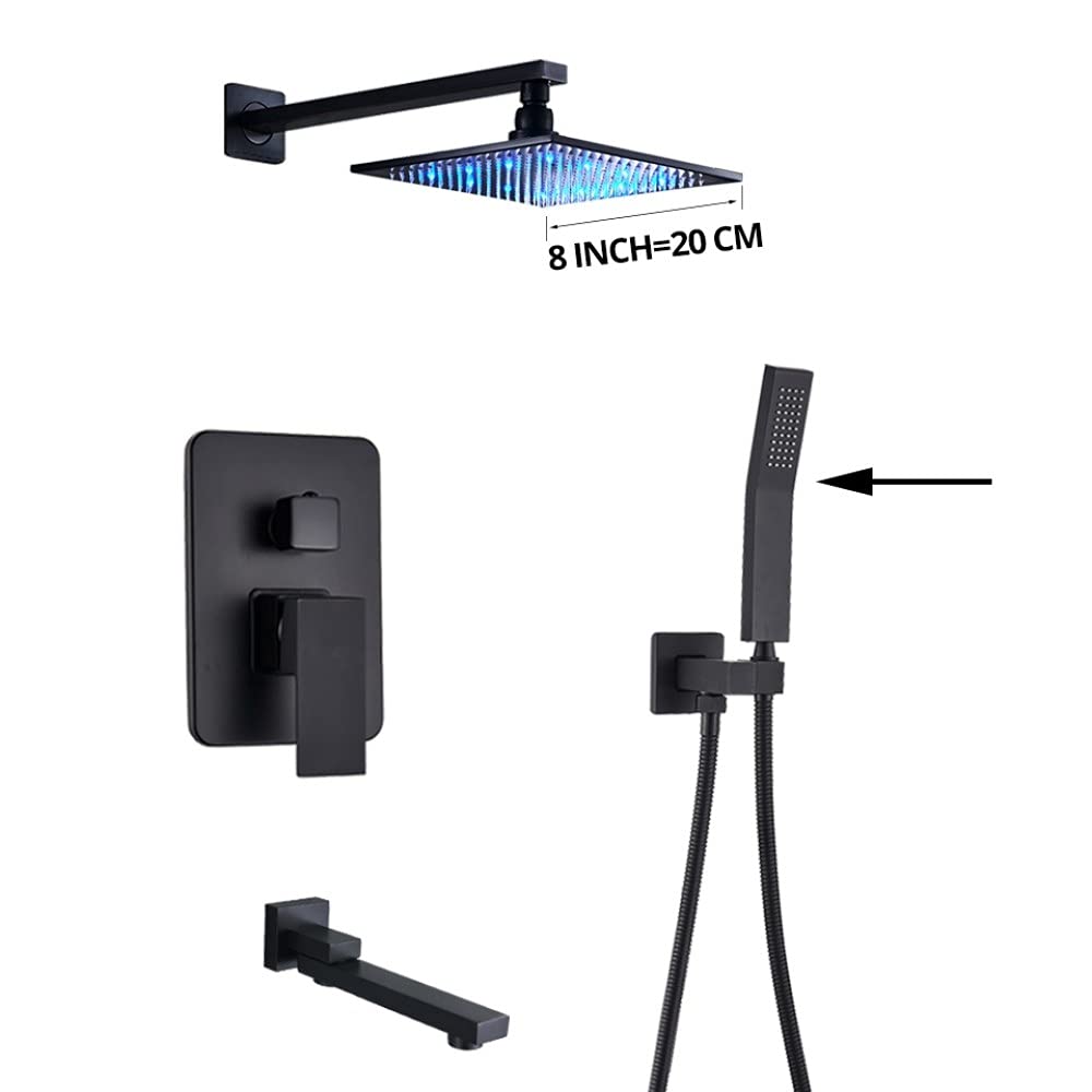 Matowa Czarna Bateria Łazienkowa Deszczownica Prysznicowa LED Bateria Wannowa Ścienna Bateria Prysznicowa Bateria Mieszalna Zestaw Prysznicowy Zestaw Prysznicowy(8 Inch Shower Set)