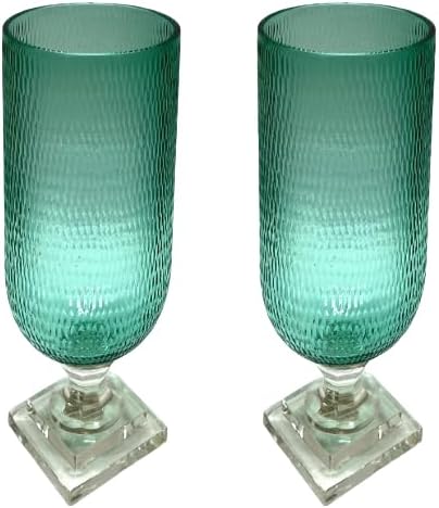 Mint Rice Cut Design Glass Hurricane Lamp Lantern, Set of 2 Candle Holder Vase