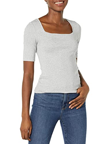 Amazon Essentials T-Shirt Aderente con Scollo Quadrato e Mezze Maniche Donna, Grigio Chiaro Puntinato, XS