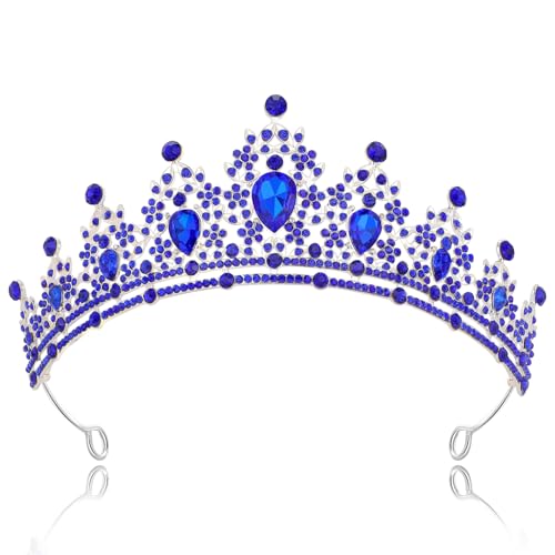 FORSEVEN Crystal Wedding Crown Queen Tiara Bride Crowns for Women Rhinestone Headbands Princess Birthday Party Tiaras Bridal Wedding Accessories (Blue)