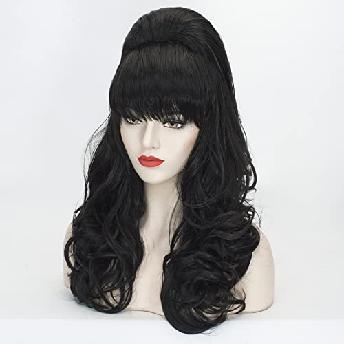 Beehive Wig Black Women Vintage Long Curly Bouffant Updo Victorian Fembot Wig 60S 50S Costume Married Housewife Heat Resistant Synthetic Hair Wigs For Halloween Party + Wig Cap #TOP2