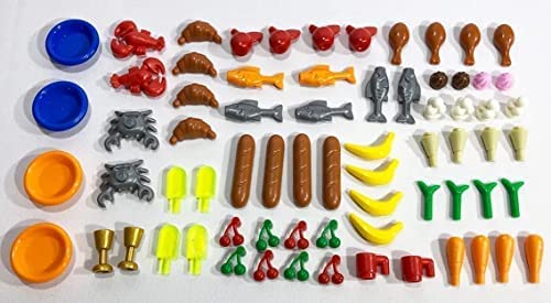 Brick Loot Over 90 Pcs Toy Sushi Food Building Blocks - City Kitchen Maki Roll Accessories Pack - Fits Lego Minifigures, Carrots Lobsters Crabs Bread Plates Apples Cherries Chicken Fish, Ice Cream, #TOP2