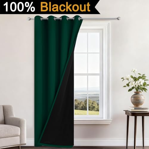 Image of Yakamok Dark Green Blackout Curtains 84 inch Long for Bedroom 52 inch Wide 1 Panel | Blackout Curtain Panels for Bedroom, 2 Thick Layers Grommet Top Thermal Insulated Drapes with Black Liner for Living Room