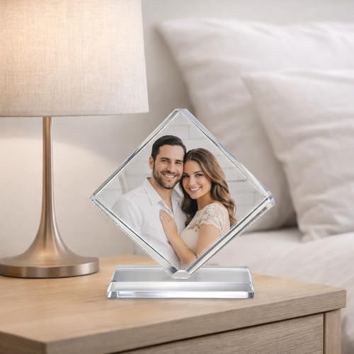 Image of Rangoli Personalized Crystal Photo Frame 10 x 10 cm Square Diamond Cut Glass Frame with Base Custom Photo Gift Premium Table Top Decor. D-11
