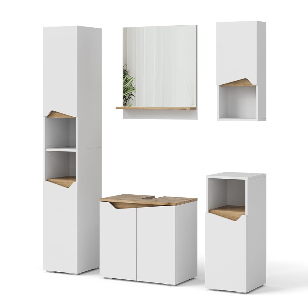 Vicco Set di mobili da bagno Marelle, Bianco, 60 cm, composto da mobile sottolavabo, specchiera, colonna, base media e pensile