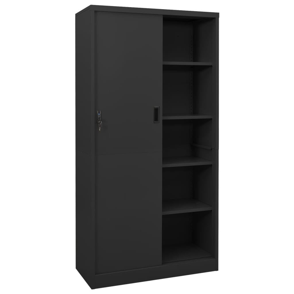 vidaXL Steel Office Cabinet with Adjustable Shelves and Lockable Sliding Door, Durable Workspace Storage- Anthracite, 35.4