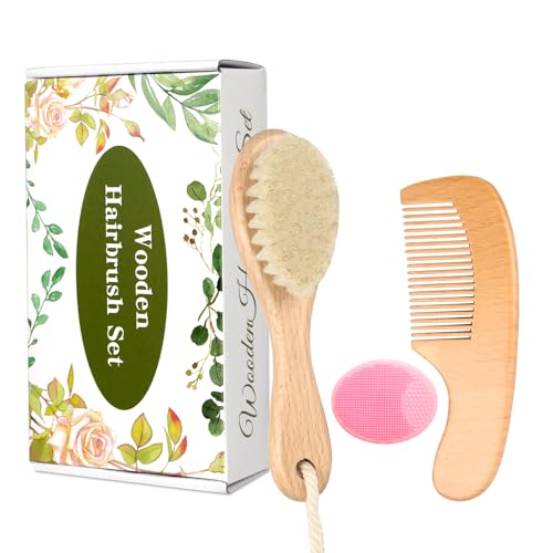 Image of Wooden Baby Hair Brush and Comb Set, 3Pcs Natural Soft Goat Bristles Brush Cradle Cap Comb Baby Shower Scrubber Perfect Scalp Grooming Product for Newborn, Toddler, Infant (Pink)