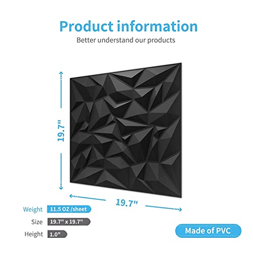 Image of Kayra Decor 3D PVC Wall Panels - Small Diamond Design, Black Color 19.7 inch x 19.7 inch (Pack of 6) - Covers 16.17 Sq. Ft.