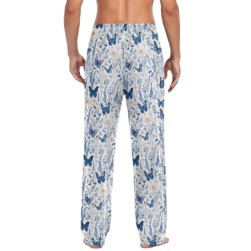 Men’s Butterflies and Wildflowers Pajama Pants with Pockets, Comfortable Lounge Sleep Bottoms#3522