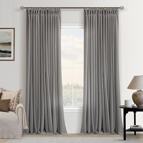 Image of Grey Linen Semi Sheer Pinch Pleated 40x102 Inch Curtains for Living Room