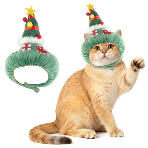 LANGFON Christmas Tree Hat for Cat Pet, Headband Christmas Cat Hat with Star and Pompoms for Xmas Cosplay Costume Kitten Puppy Party Dress Up Accessories, Cosplay Party Clothing for Small Cat Dog