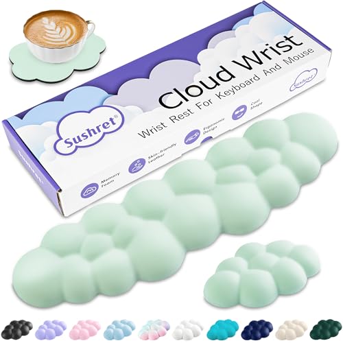 Image of Sushret Cloud Wrist Rest Keyboard, Cloud Keyboard Wrist Pad Set with PU Leather Memory Foam, Cute Arm Rest for Palm Support, PC /Gaming Desk Accessories /Office Setup /Computer Hand Cushion - Light Green