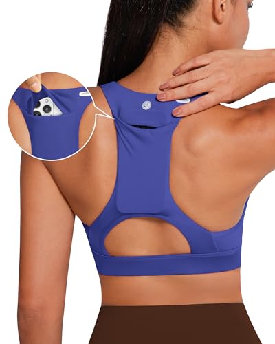 Image of QUEENIEKE BareFlow Women's Sports Bras with Phone Pocket Medium Impact Padded Racerback Workout Gym Crop Top Running Yoga Bra