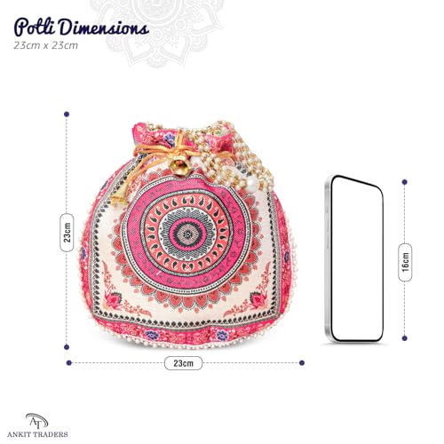 Image of Women Potli Bags | Zari Embroidered Silk With Drawstring | Traditional Return Gifts for Mehandi, Haldi, Baby Shower, Wedding, Sangeet, Seemantham