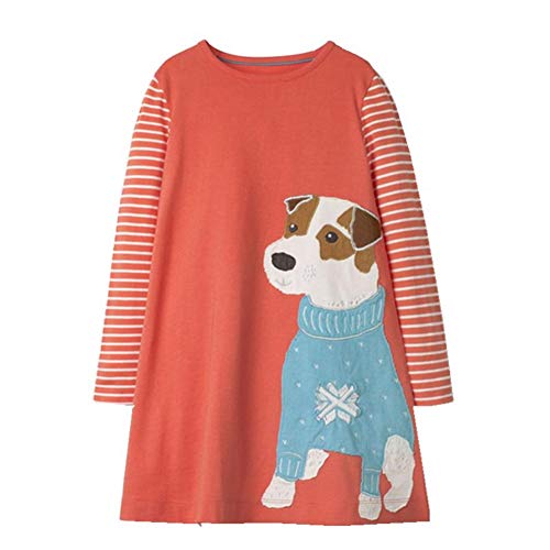 HILEELANG Little Girl Dress Long Sleeve Cotton Cute Dog Applique Strip Shirt Party Dress Size 7