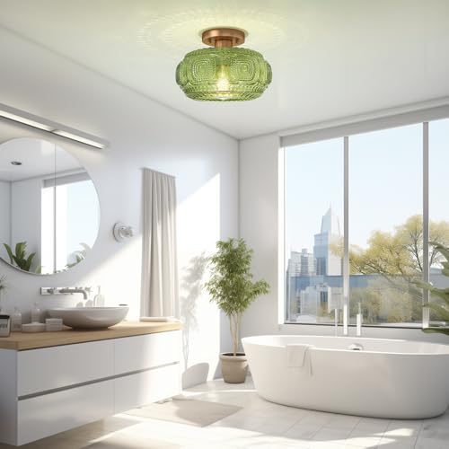 Image of 11 inch Art Deco Glass Semi Flush Mount Ceiling Light Fixture, Green