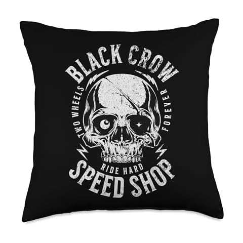 Black Crow Speed Shop Motorcycle Rider Skull Design Throw Pillow Cover