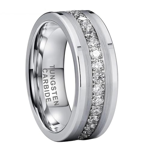 8mm Black Tungsten Carbide Ring for Men Women CZ Stone Eternity Engagement Wedding Band Pipe Cut Polished Shiny