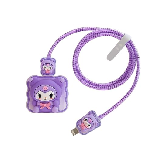 Image of Dezet for iPhone Charger 18-20W Cute Cartoon Charging Cable Protector Set for iPhone Fast Charging USB Cable with Protective Silicone Cover & Organizer Clip Stylish Design (PURPLE 1 CAT)