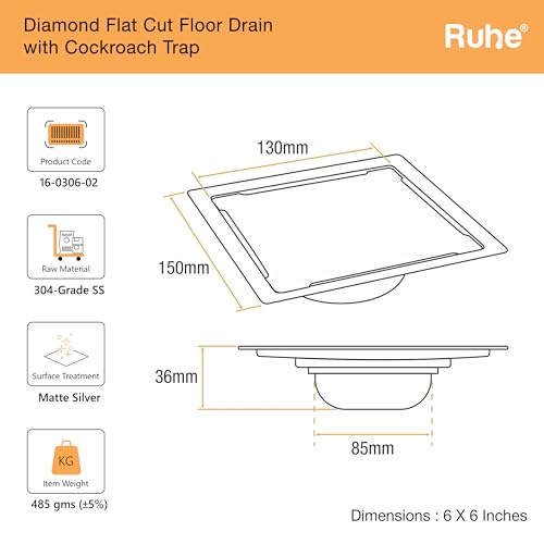 Image of Ruhe Diamond Square Flat Cut Floor Drain | 304-Grade Stainless Steel Floor Drain with Collar & Cockroach Trap (6 x 6 Inches) | Floor Drainer for Bathroom, Balcony